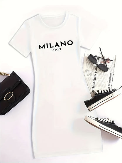 Women'S Milano Italy Print Bodycon Dress, Polyester 92% Elastane 8% Knit Fabric, High Stretch Geometric-Pattern, Short Sleeve Round Neck, Plus Size, Sports Style for Spring/Summer/Fall - 180g/m²