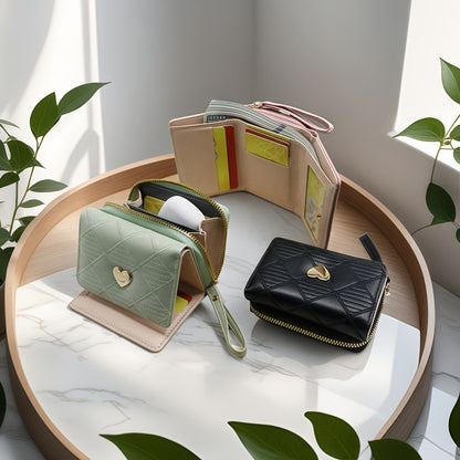 Fashion Rhombus Heart Pattern Tri-Fold Multi-Card Slot Zippered Compartment Multi-Functional Portable Mini Women's Wallet