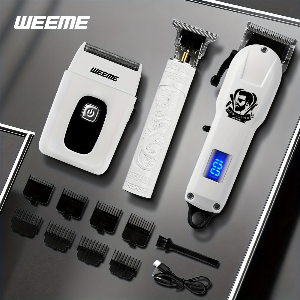 WEEME 3pcs/1Set Men'S Hair Clipper, USB Rechargeable Electric Hair Clipper & Shaver Set with Digital Display, Cordless Hair Trimmer for Home & Salon Use, Perfect Grooming Gift for Men with Smooth Blade, USB Charging, Lithium