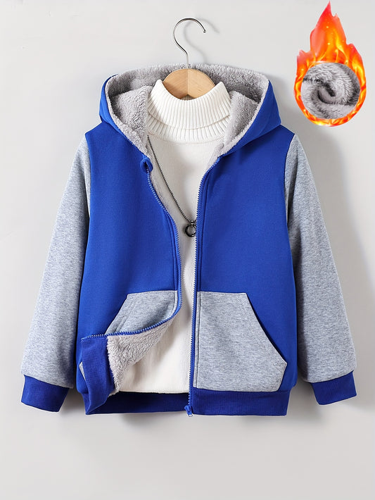 1pc Boys Stylish Color Block Fleece Lining Hooded Jacket, Long Sleeve Zip Up Jacket, Kids Clothes Outdoor