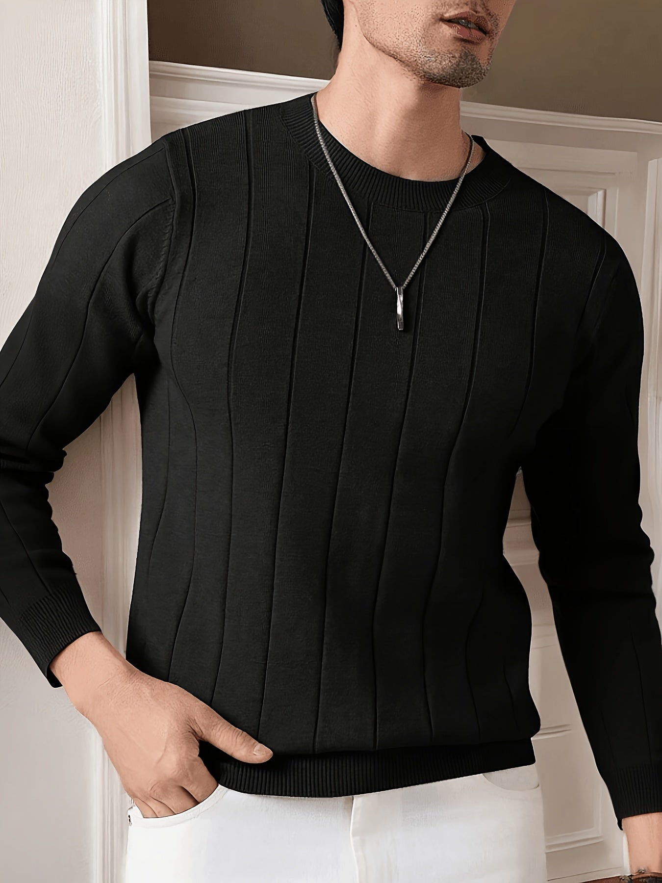 Men's Casual Ribbed Knit Sweater with Crew Neck