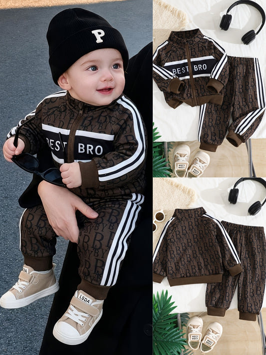 Baby Boy Fall Winter Letter Print Jacket and Pants Set - ayq