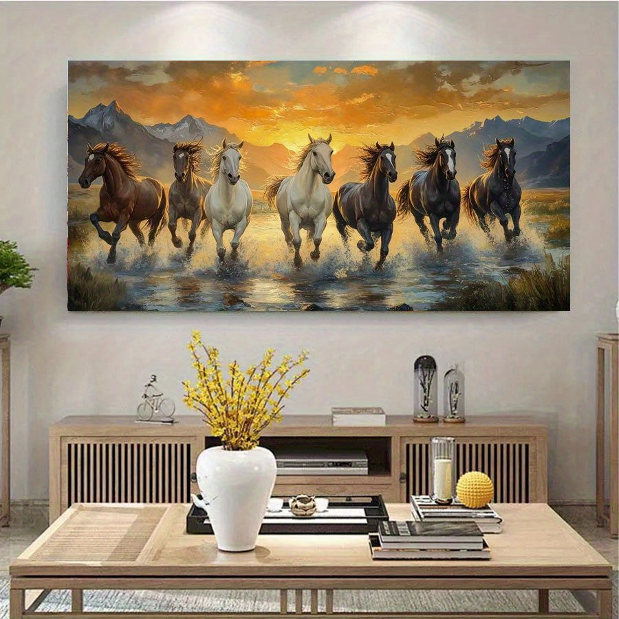 2D Flat, 1pc Large Scale Running Horses Canvas Wall Art - Asian-Inspired Classic Art Deco Landscape Painting, Unframed Vibrant Wild Animal Print for Living Room, Bedroom, Office Decor - 40x80cm/50x100cm, Perfect Gift for Birt
