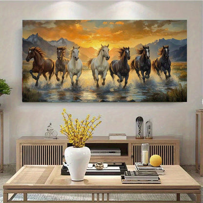2D Flat, 1pc Large Scale Running Horses Canvas Wall Art - Asian-Inspired Classic Art Deco Landscape Painting, Unframed Vibrant Wild Animal Print for Living Room, Bedroom, Office Decor - 40x80cm/50x100cm, Perfect Gift for Birt