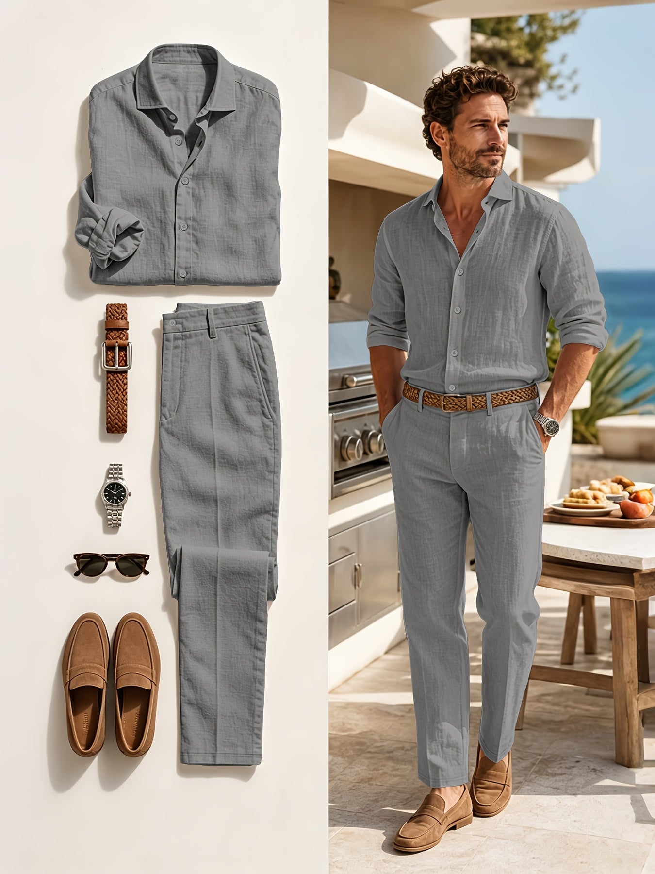 Men's White Linen Casual 2-Piece Set for Summer & Beach