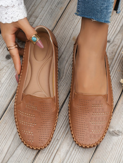 Women's Retro Perforated Flat Shoes, Comfy Breathable Round Toe Slip On Shoes, Casual Outdoor Loafers
