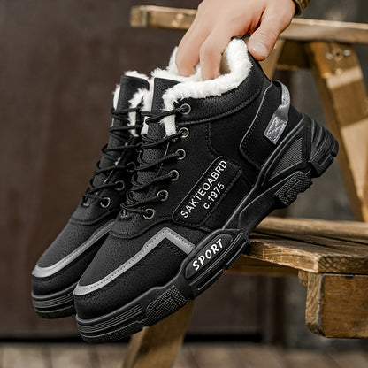 Mid-Top Fleece-Lined Comfortable Warm Gripper Sole Casual Winter Boots for Men and Women, Striped Design. Suitable for Extreme Cold Weather Snowy Conditions with Thick Insulation Lace Closure Anti Slip Durable PVC Outsole Hun