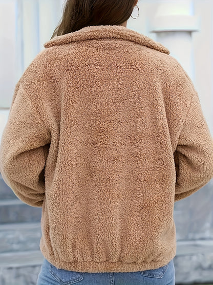 Women'S Cozy Fleece Jacket with Hood - Casual High Neck Zippered Long Sleeve Polyester Knit Fabric Sweater for Fall/Winter