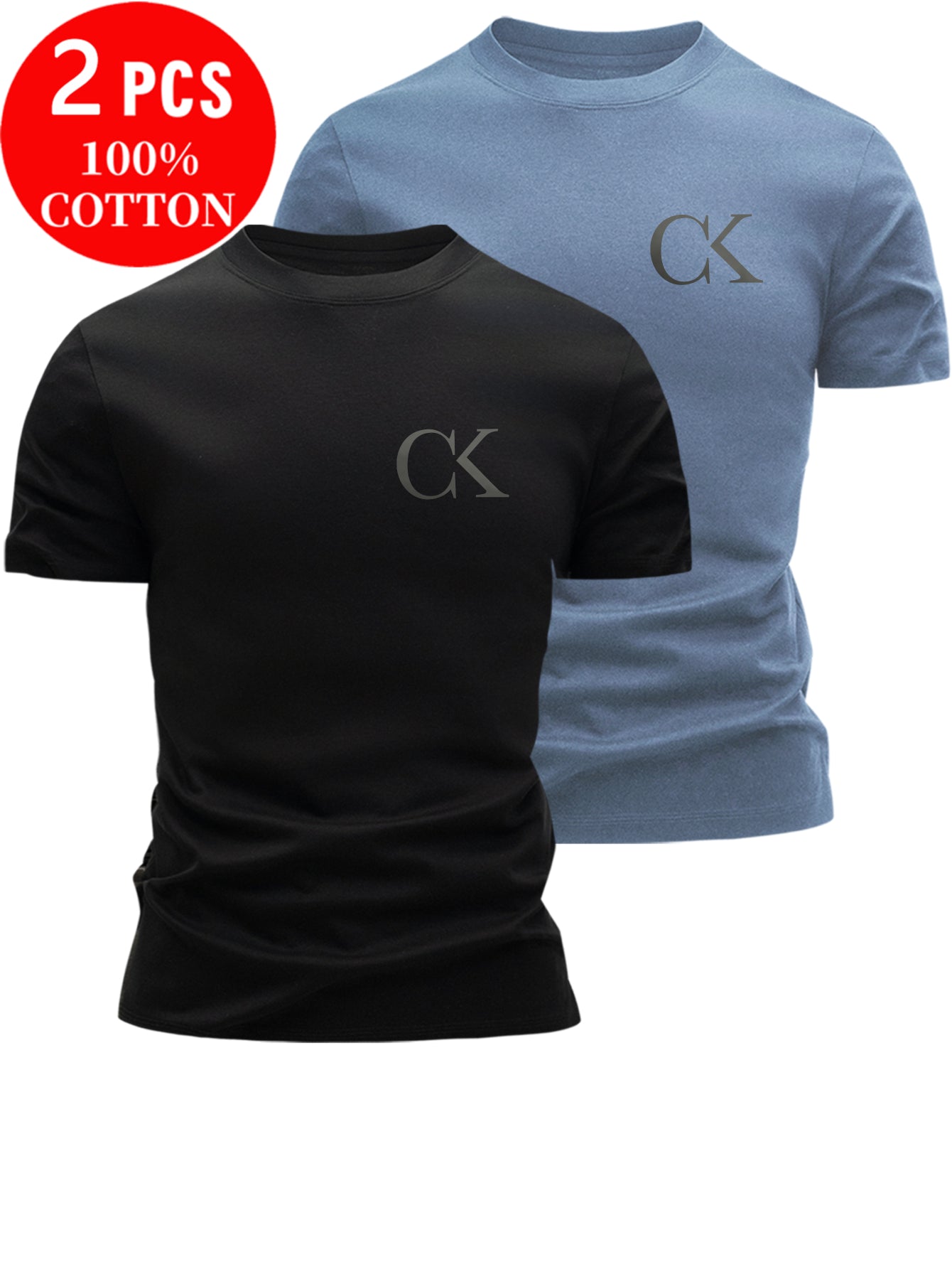 2pcs 100% Cotton Men's T-Shirts, Summer Short Sleeve Slim Fit Tops, Trendy Versatile Casual Basic Style with Minimalist CK Letter Print on Chest for  Flair - ayq