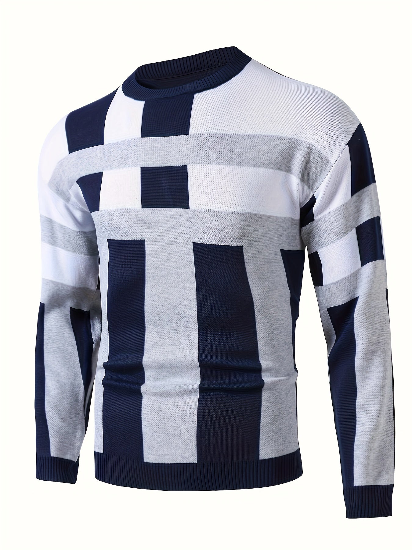 Men's Round Neck Casual Striped Warm Sweater Fashion Knit Pullover Top