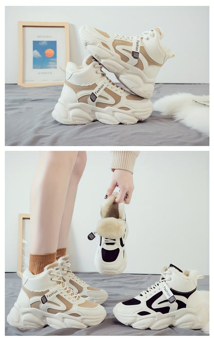 Women's Plush Fleece-Lined High-Top Sneakers - Thick-Soled Winter Warm Lace-Up Shoes with PU Upper & Cushioned PVC Sole, White/Black/Grey Chunky Dad Shoes (Cozy Round Toe) - Instagram Trendy Winter Footwear by I Trend