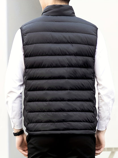 Men's Winter Sleeveless Warm Vest Jacket, Casual Fashion Zippered Multi-Pocket Solid Color Stand Collar Black Thermal Gilet for Autumn/Winter Outdoor Leisure Sports Hiking Lightweight Waistcoat Coat