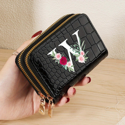 Minimalist Women'S Short Wallet Featuring a Double Zipper Design, with a Crocodile A-Z Letter Pattern. This Stylish Handbag Also Serves As a Fashionable Coin Wallet, Perfect for Travel, Back-To-School, Or Parties.