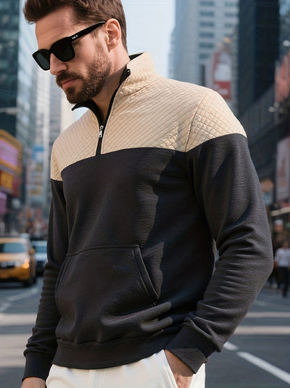 Men's Casual Half-Zip Color Block Sweatshirt with Kangaroo Pocket - ayq
