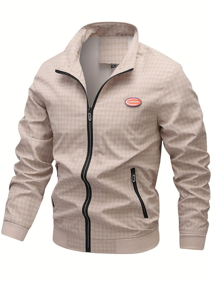 Men's Casual Outdoor Jacket - Spring/Fall Softshell Jacket with Checkered Pattern, Long Sleeves, and Zipper Closure
