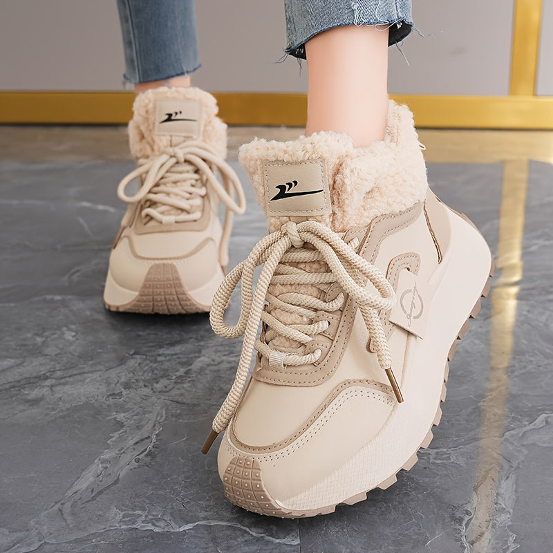 Կանացի ձմեռային ձնագնացքներ հաստ, փափուկ PVC ներբանով՝ բարձրացնող էֆեկտով - սահքից պաշտպանող, արհեստական կաշվե վերնամասով և փափուկ ծածկույթով, բեժ/սև գույն - ամենագնացքային ճկունություն սառույցի, ձյան և ամենօրյա կրման համար -