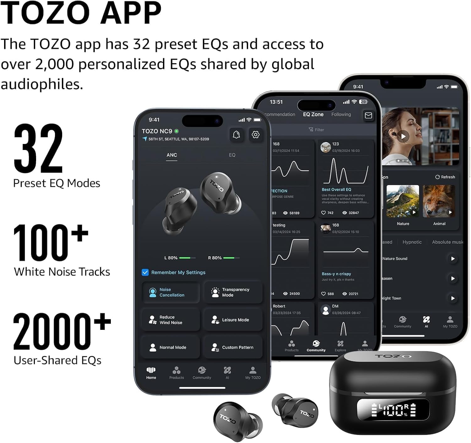 TOZO Hybrid Active Noise Cancelling Wireless Earbuds, 6 Mics ENC Clear Call, IPX8 Waterproof, in Ear Bluetooth 5.3 Headphones Stereo Bass Ear Buds 59H Playtime with LED Display 32 Eqs via APP