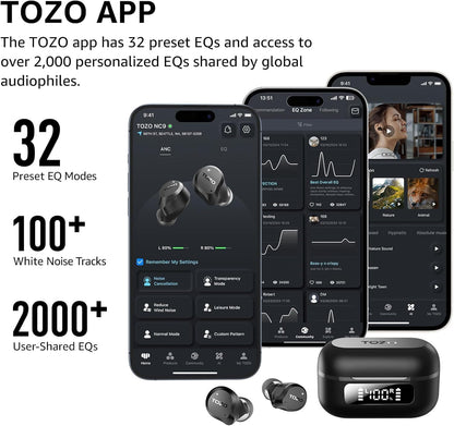 TOZO Hybrid Active Noise Cancelling Wireless Earbuds, 6 Mics ENC Clear Call, IPX8 Waterproof, in Ear Bluetooth 5.3 Headphones Stereo Bass Ear Buds 59H Playtime with LED Display 32 Eqs via APP