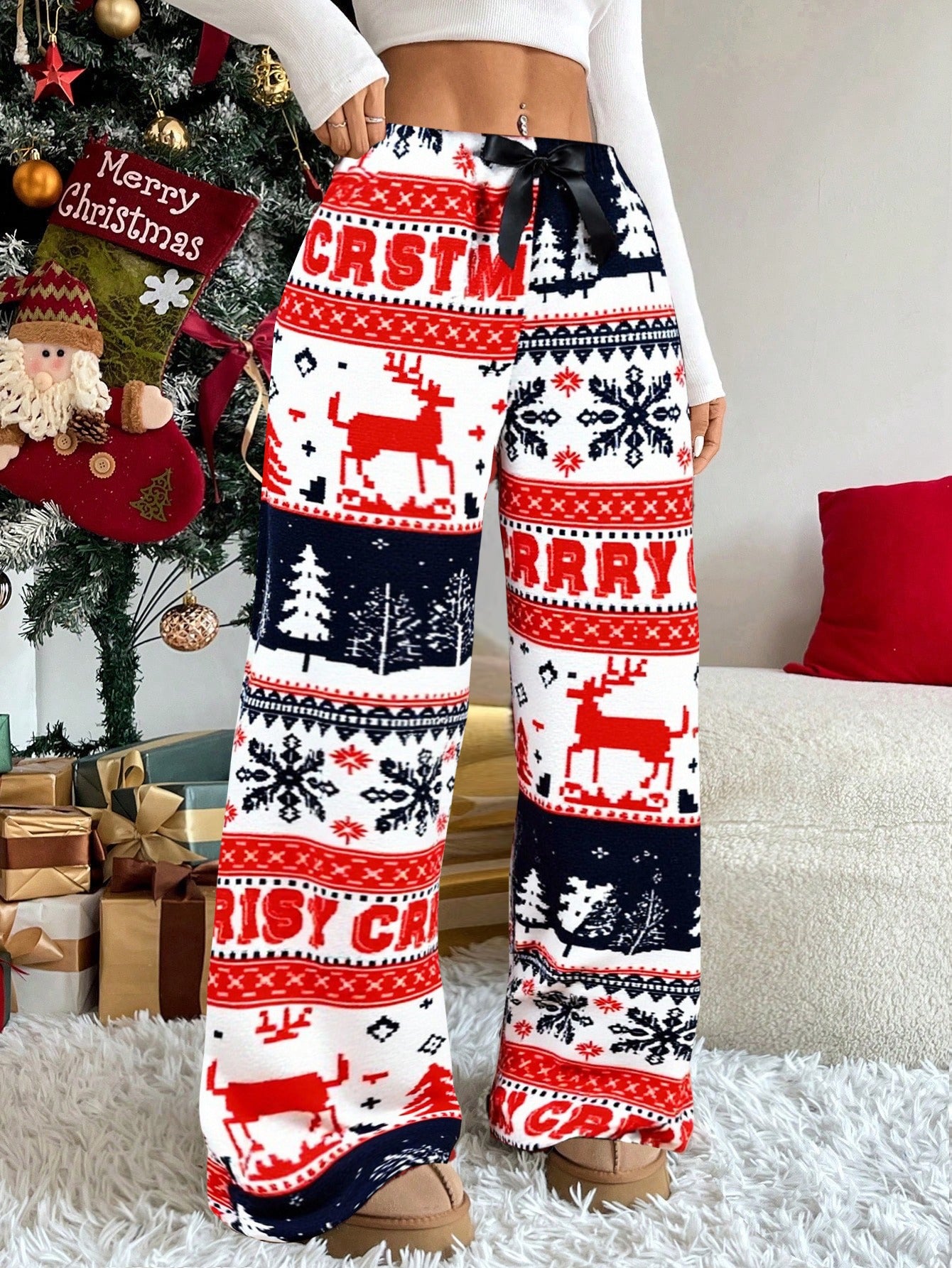 Women'S Winter Warmth Pants - Cozy Fleece-Lined Wide-Leg Trousers with Elastic Waist & Cuffed Hem, Red & Snowflake & Reindeer Print, Bohemian Style For Cold Weather, Winter Pants, Cold Weather Apparel, Soft Fabric Trousers, L