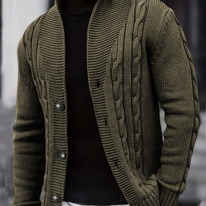 Men's Casual Knit Cardigan | Olive Green Acrylic Sweater | V-Neck with Button Closure | Textured Cable Knit Design | Machine Washable | Ideal for Autumn/Winter, Knit Sweater