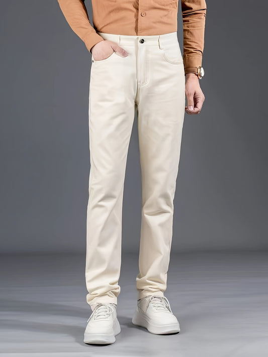 Men's Solid Color Mid Waist Regular Fit Cotton Dress Pants with Zipper Fly – Non-Stretch Woven Fabric – Basics Style for Mature Occasions – Fall/Winter Collection