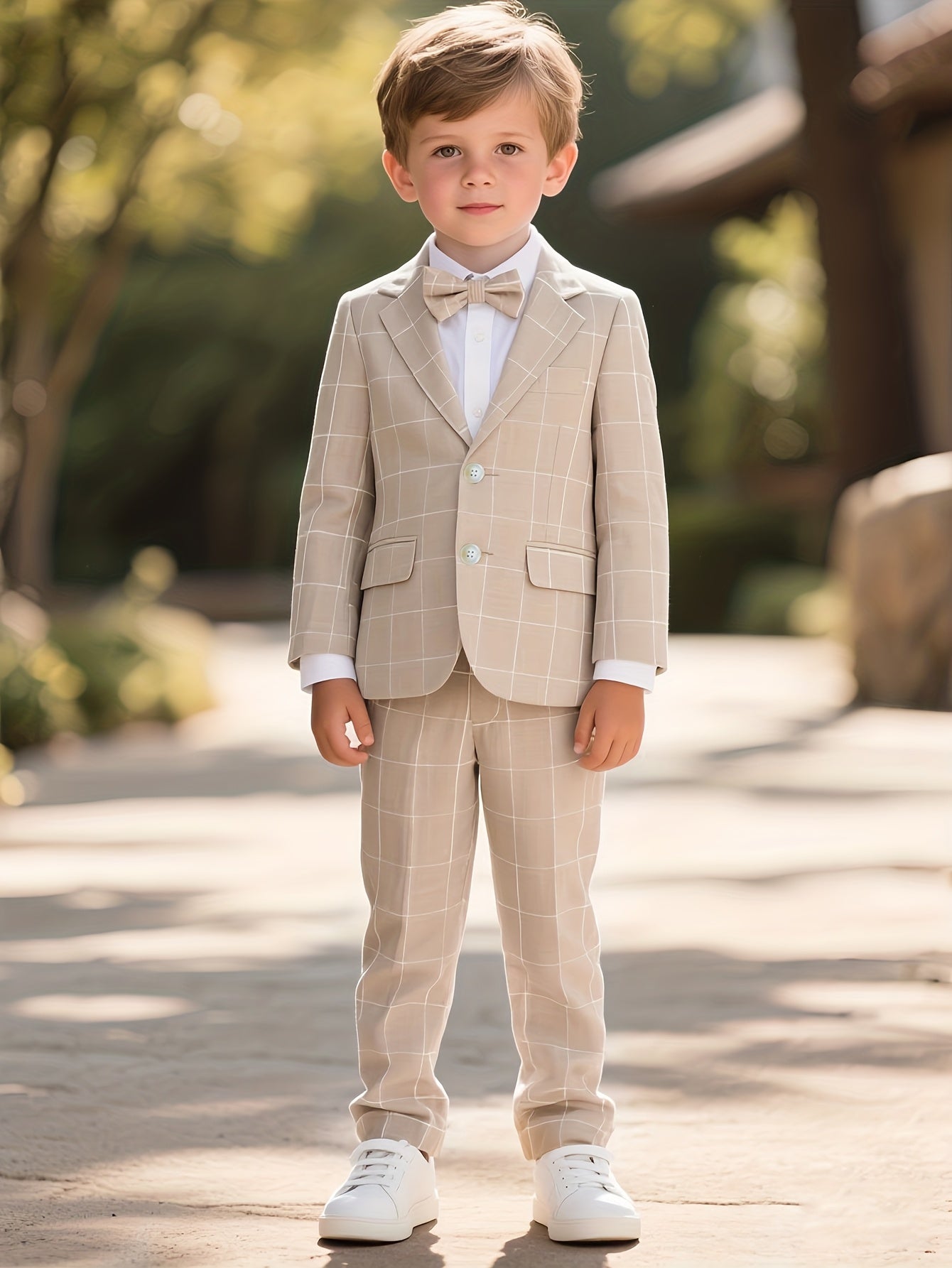 Boys 3-Piece Plaid Suit with Bow Tie for Parties & Weddings