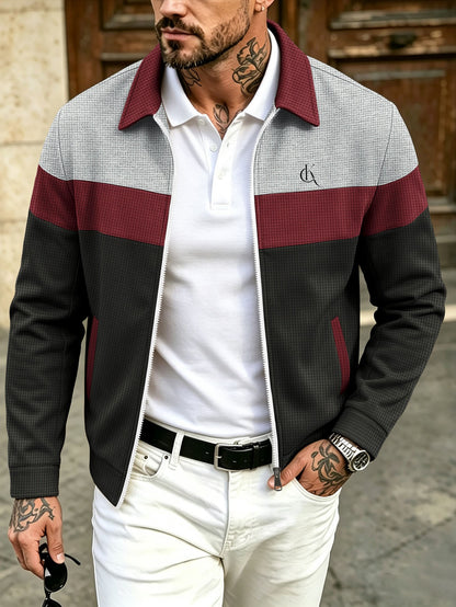 Men's Waffle Knit Zip-Up Bomber Jacket with Graphic Print