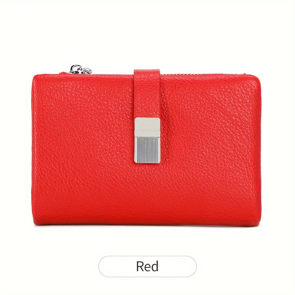 A Compact Trifold Wallet Made of Soft PU in a Solid Color, Featuring Metal Accents. It Includes a Zippered Coin Pocket, Card Slots, And an ID Window, Suitable for Credit Cards, ID Cards, Cash, And Coins. This Modern, Lightwei