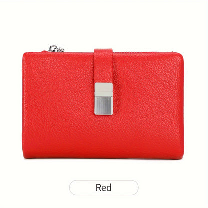 A Compact Trifold Wallet Made of Soft PU in a Solid Color, Featuring Metal Accents. It Includes a Zippered Coin Pocket, Card Slots, And an ID Window, Suitable for Credit Cards, ID Cards, Cash, And Coins. This Modern, Lightwei