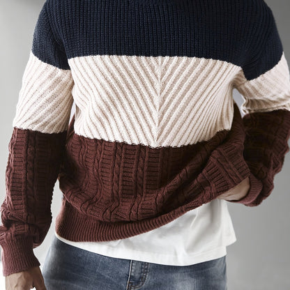 Men's Fashion Color-Block Striped Crew Neck Long Sleeve Casual Pullover, Trendy Elastic Warm Knitwear for Winter Outdoor Activities