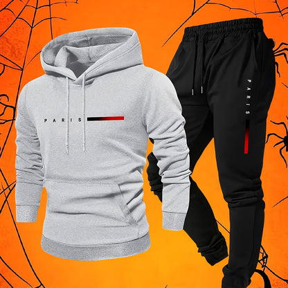 Halloween Men'S Hoodie with PARIS Lettering And Drawstring Sweatpants Set, a Must-Have Outfit for Autumn And Winter, Perfect for Everyday Outdoor Wear - ayq