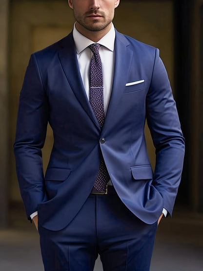 Men's Two-Piece Suit in Solid Color with Sealed Pockets, Regular Fit Suit Trousers, Elegant and Classic, Suitable for Business and Wedding Parties