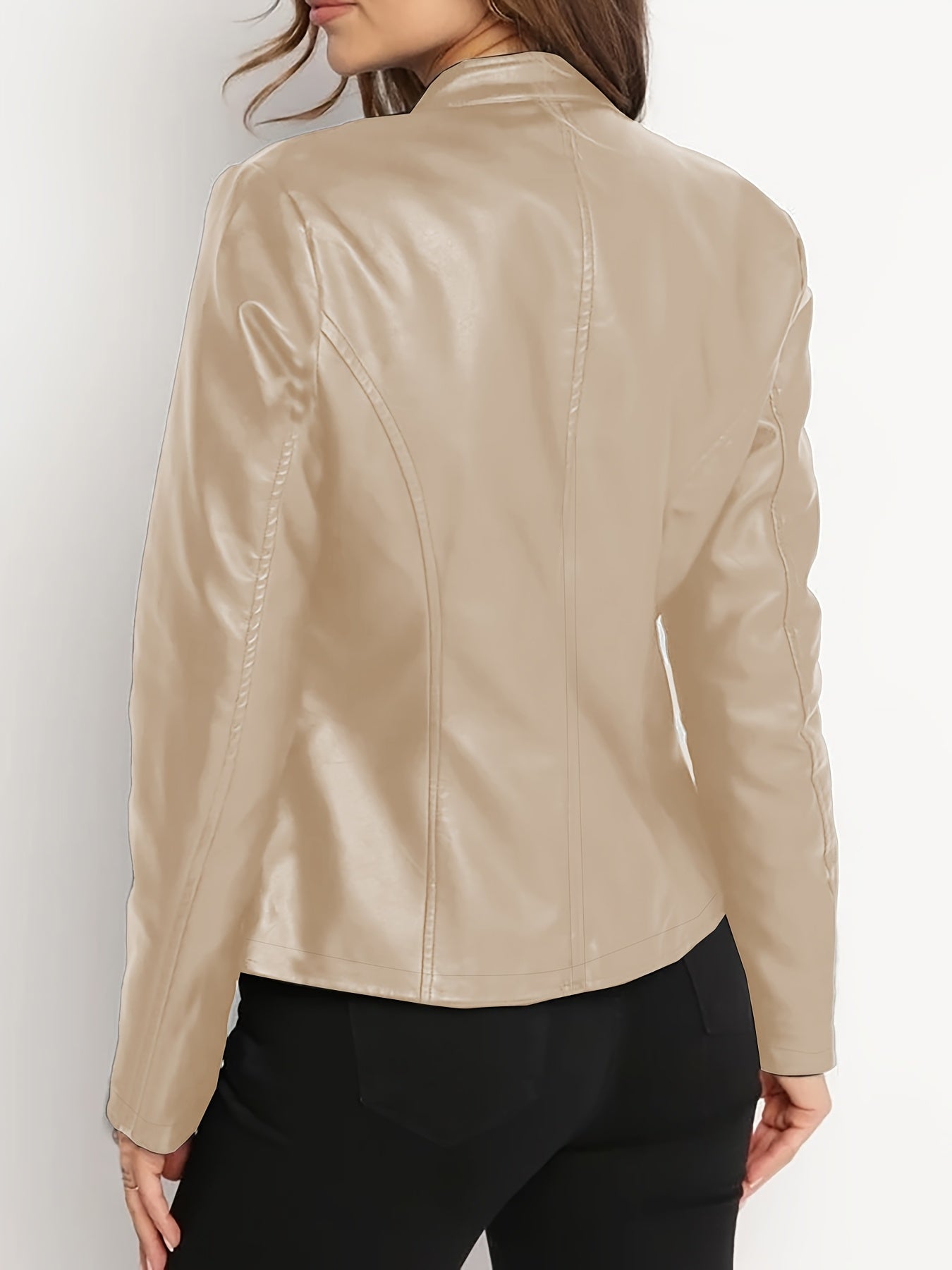 Women's Elegant PUPU Leather Jacket - Full-Zip Long Sleeve Motorcycle Coat with Stand Collar, -Tone Hardware & Smooth Leather Texture, Spring/Fall Outerwear for Casual & Formal Outfits (//Tan) - Non-Stretch Durable Leather, Z