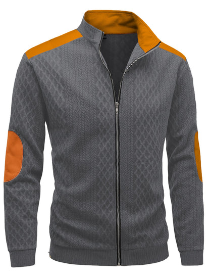 Men's Beige & Orange Contrast Full-Zip Jacket - Winter Warmth Loose-Fit Tailored Coat with Stand Collar, Zippered Pockets & Full-Zip Closure, Machine Washable Casual Outerwear for Men (Beige/Orange) - Ideal for Fall and Winte