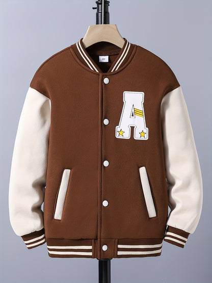 Boys Baseball Collar Long Sleeve Letter And Number Graphic Color Block Drop Shoulder Varsity Jacket Without Hoodie - ayq