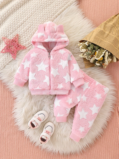Newborn Cute Baby Girl Autumn and Winter Season, Thickened Plush Newborn Cartoon Star Pattern Hooded Zipper Long Sleeve Warm Top + Star Pattern Plush Warm Pants Set. Essential for Outdoor Travel and Home Use, Recommended Gift