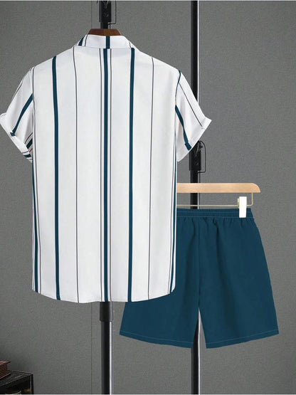 Men's Casual Summer Set - Striped Short-Sleeve Shirt & Shorts