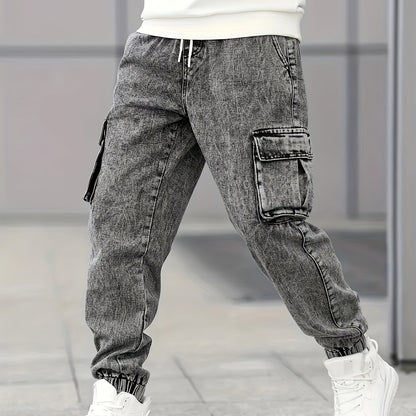 Men's Slim Fit Cargo Jeans - Stylish Gray Denim with Multiple Pockets, Durable Cotton/Polyester Blend, All-Season Wear
