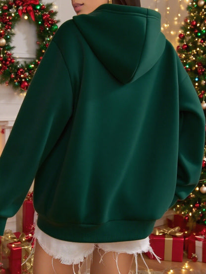 Women'S Red & Dark Green Christmas Hooded Sweatshirt with Reindeer & Snowflake Print, Cozy Winter Pullover Hoodie, Loose Fit Casual Sweater for Holiday Party