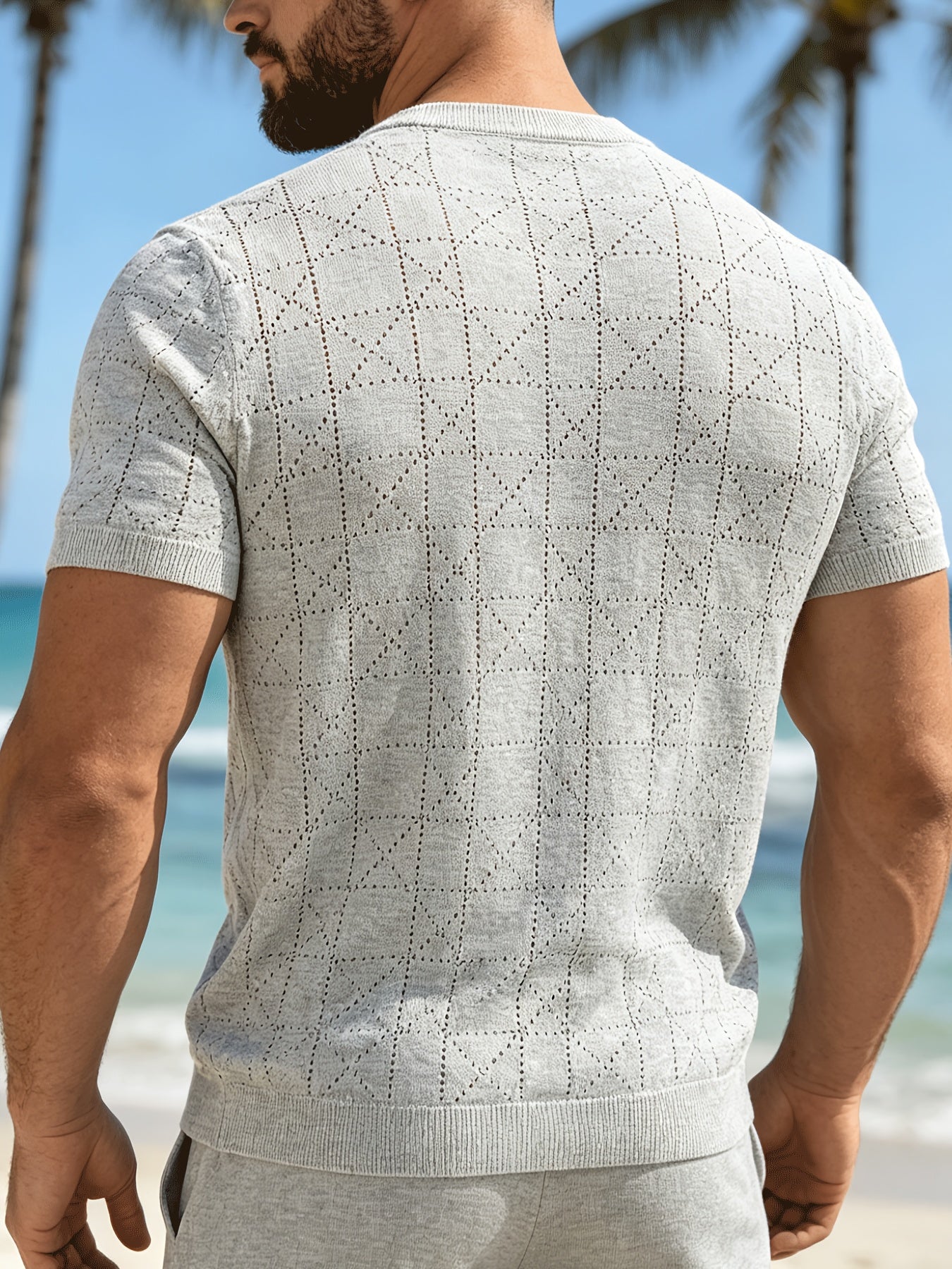 Men's Loose Fit Short Sleeve Hollow Knit Crew Neck Top