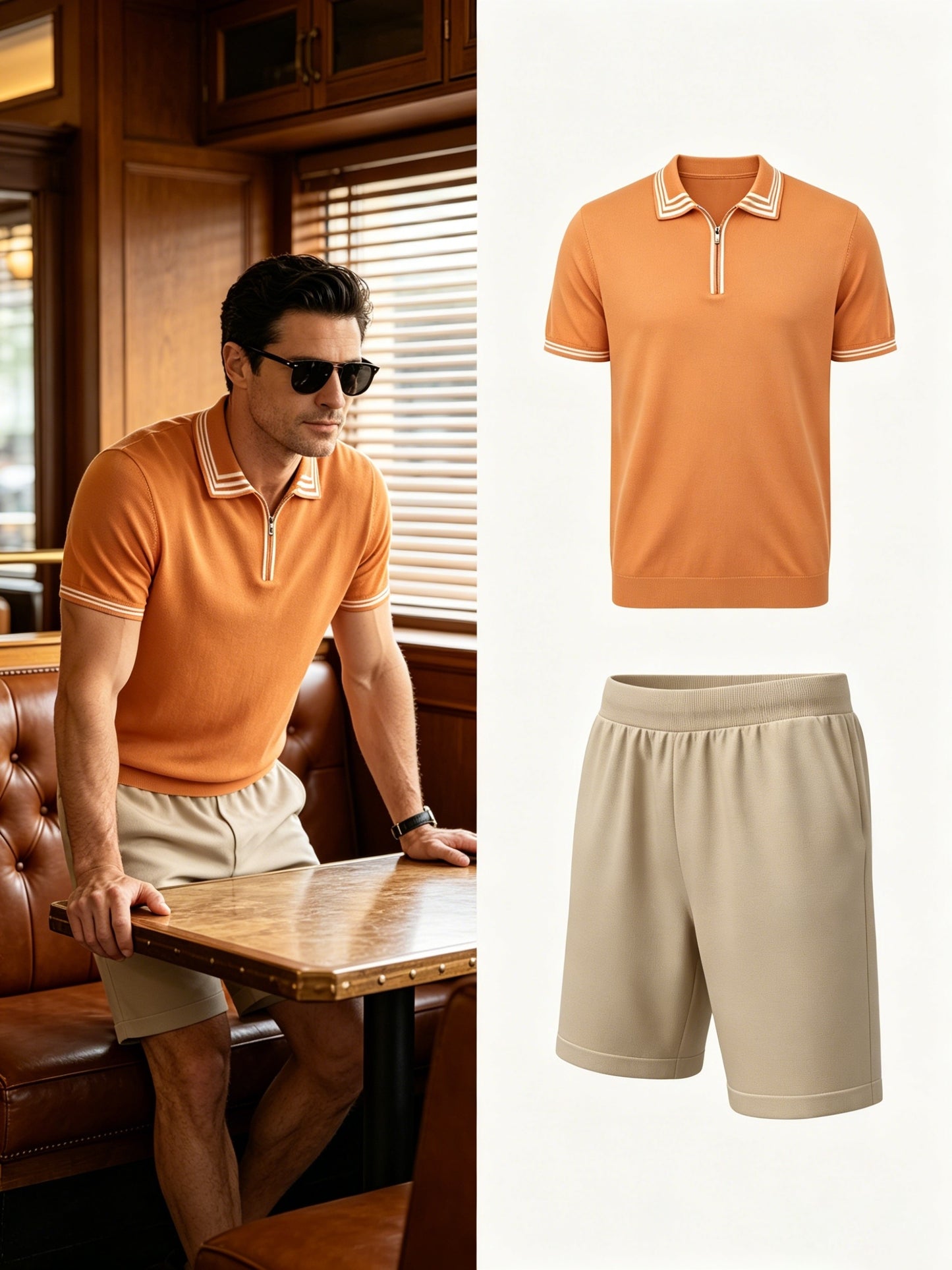 Men's Casual Striped Knit Polo & Lightweight Shorts Set