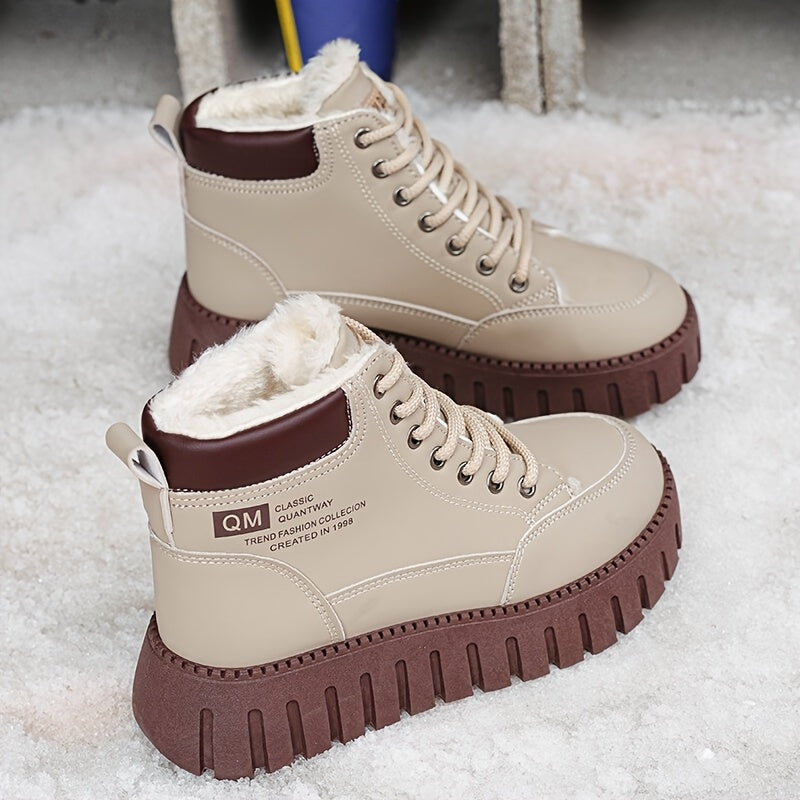 Women'S Winter Warm High-Top Ankle Boots - Thick Platform Sole, Round Toe, Lace-Up Closure, Synthetic Cover Upper, Rubber Sole, Mid-Heel, Casual Style, All-Season