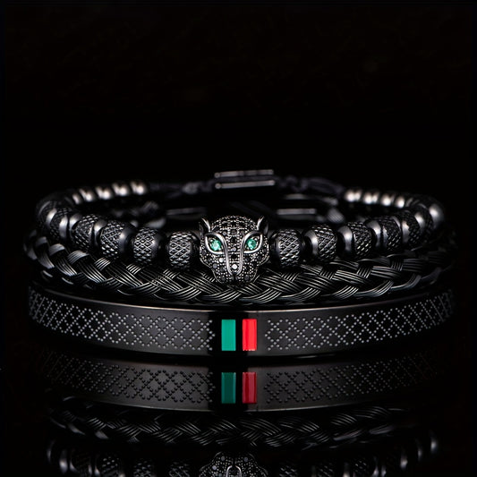 European and American Classic Light Luxury Leopard Head Handmade Braided Men's Bracelet Red Green Drop Glue Bracelet Set
