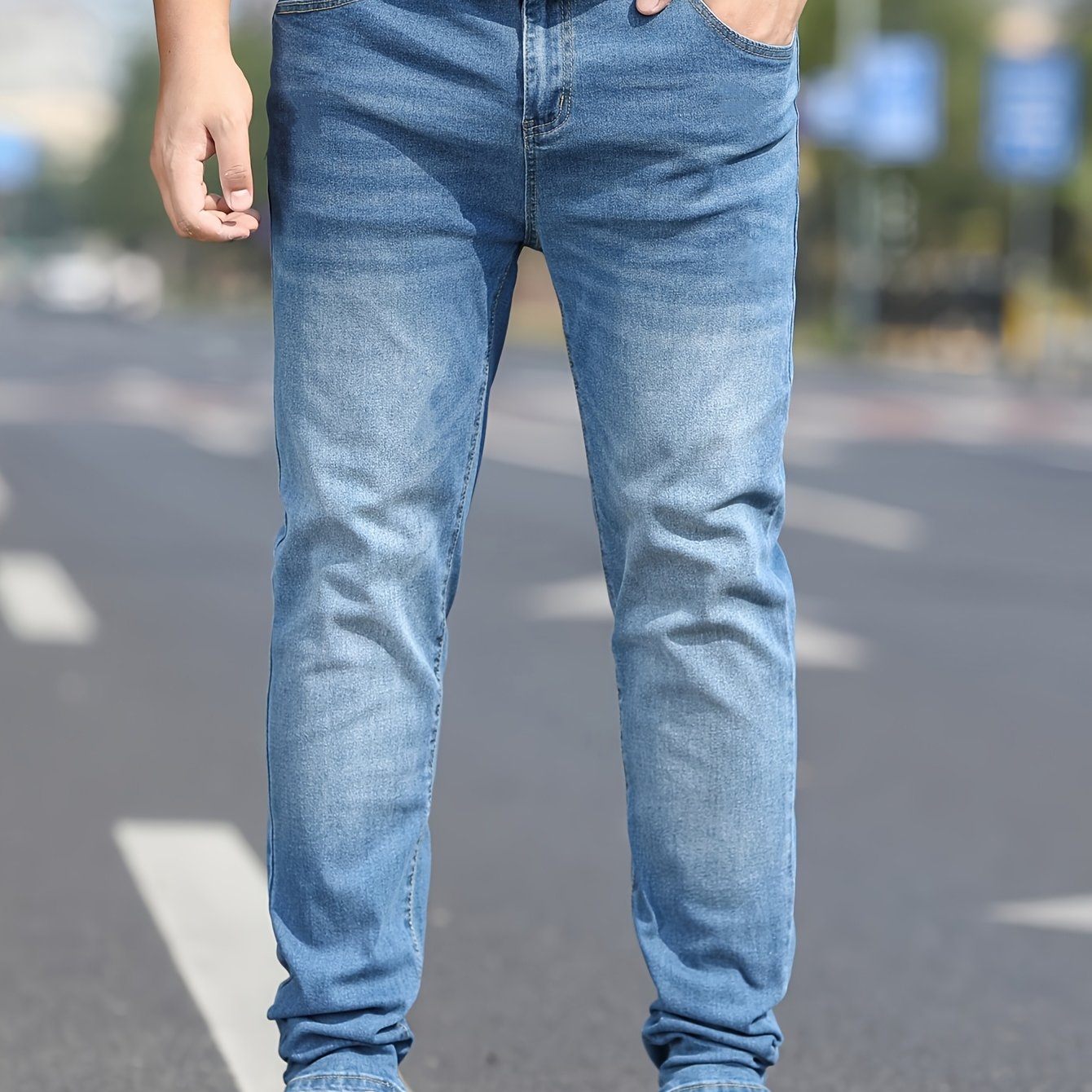 Men's Washed Jeans - Solid Color Casual Straight-Look Pants, Machine-Washable All-Season Fit for Casual Attire & Smart-Casual Outfits (Regular Length) - ayq