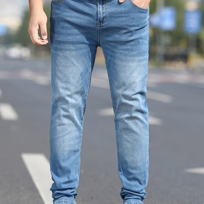 Men's Washed Jeans - Solid Color Casual Straight-Look Pants, Machine-Washable All-Season Fit for Casual Attire & Smart-Casual Outfits (Regular Length) - ayq