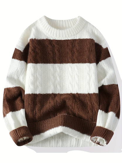 Նոր աշնանային և ձմեռային կլոր վզնոցով նորաձև գծավոր, գունավոր բլոկներով տրիկոտաժե սվիտեր միջին տարիքի տղամարդկանց համար, տաք և հարմարավետ