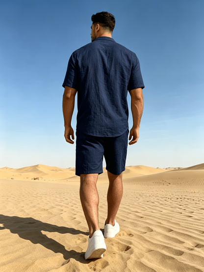 Men's Linen Short Sleeve Shirt & Solid Shorts Set for Summer