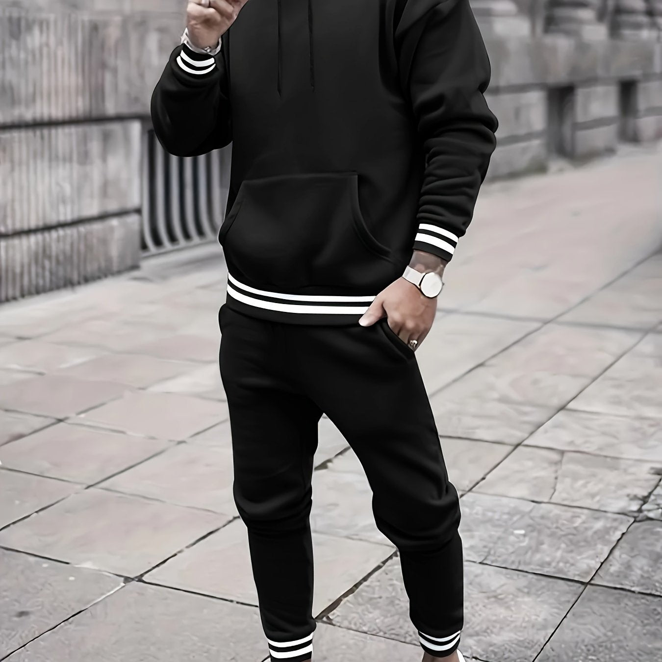 Men's Solid Color Hooded Casual Sportswear Set - ayq