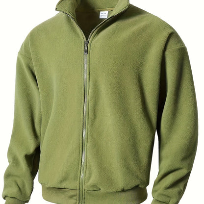 1pc Men'S Casual Sports Fleece Jacket - Solid Color Polyester Knit with Slight Stretch, Stand Collar, Long Sleeve, Regular Fit, Zipper Closure, Daily & Casual Wear