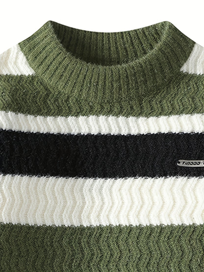 Աշնանային և ձմեռային նոր տղամարդկանց ոլորված շերտավոր կլոր վզնոցով տրիկոտաժե սվիտեր միջին տարիքի հարմարավետ տաք վերնաշապիկի համար